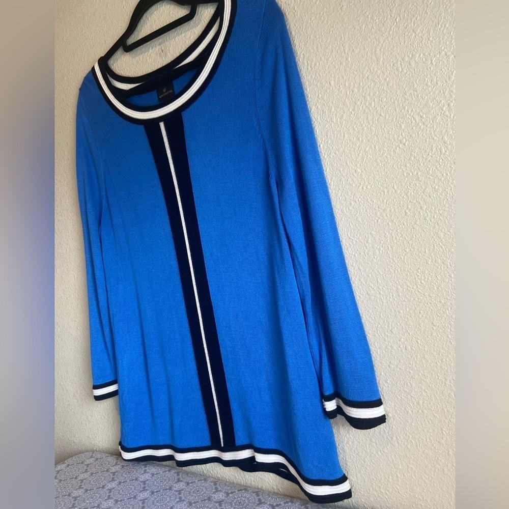 Worthington~Sporty~Dark Sky Blue~Striped Detail~Rayon~Knit Sweater~
Size M